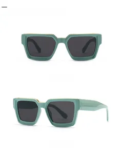 Front and side views of chunky mint green square sunglasses with dark grey lenses