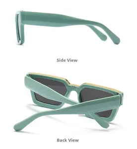 Detailed side and back view of mint green square sunglasses with gold metal trim