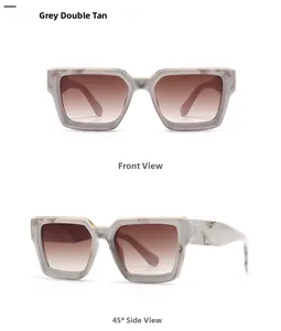 Detail view of square marble grey sunglasses with gradient tan lenses from two angles