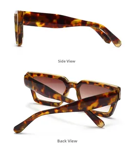 Detail view of tortoiseshell square sunglasses with brown gradient lenses from side and back