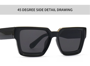 45-degree side view of square sunglasses with black frames and gold eyebrow metal trim