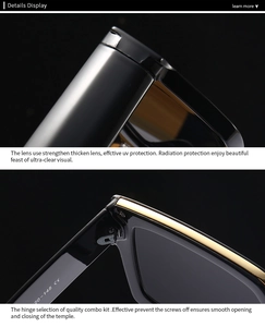 Close-up of square sunglasses with reinforced hinges and CE mark on the temple arm