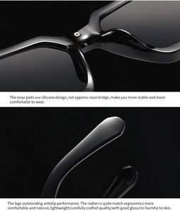 Detail of ergonomic silicone nose pads and non-slip temples on black square sunglasses