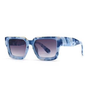 Modern narrow square sunglasses with blue marble texture and gold metal brow decoration
