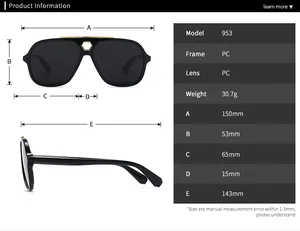 Detailed size chart for pilot sunglasses model 953 with precise frame measurements