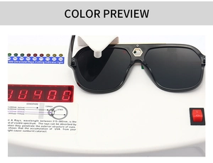 Detail of UV400 test showing protection of pilot sunglasses with gold metal bridge