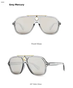 Detailed front and side views of grey mercury pilot sunglasses with metal accents