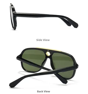 Detail view of aviator sunglasses featuring gold metal bridge and hexagonal cutout accent