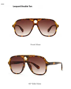 Detailed front and side views of leopard print aviator sunglasses with tan gradient lenses