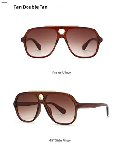Flat top aviator sunglasses with gradient tan lenses and gold metal bridge detail