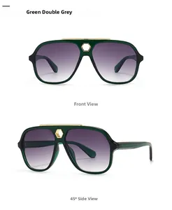 Front and side view of green pilot sunglasses with gradient lenses and gold bridge detail