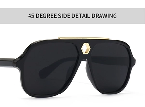 Detailed 45-degree side view of black flat top sunglasses with gold metal decorative bar