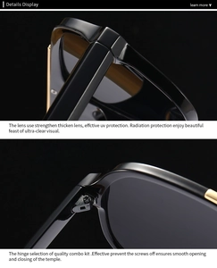 Detailed close-up of sturdy metal hinge and reinforced black lens on oversized sunglasses