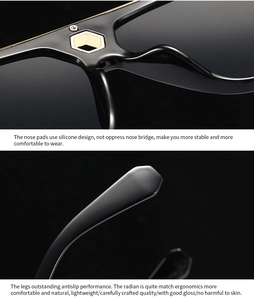Detail of ergonomic silicone nose pads and non-slip metal temples on black sunglasses