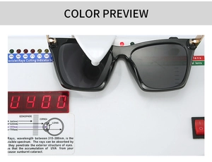 Vue détaillée de lunettes de soleil carrées noires montrant la protection UV400 au testeur