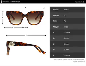 Detailed size chart for retro oversized PC sunglasses with frame and lens dimensions