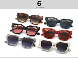 Detail view of stylish square sunglasses in six diverse colors and marble patterns