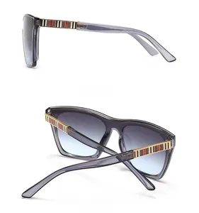 Détails de lunettes de soleil gris violet avec branches métalliques à rayures latérales