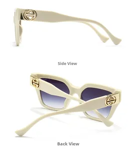 Detail view of cream sunglasses frame with purple gradient lenses and golden side logo