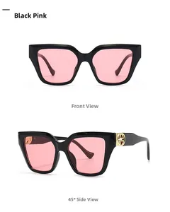 Detailed front and side views of vintage square sunglasses with black frames and pink lenses