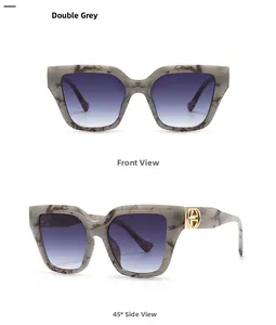 Square marble texture sunglasses with purple gradient lenses and gold logo detail