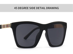 Détail de lunettes de soleil noires carrées avec charnières dorées et motif à carreaux
