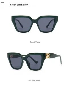 Deep green square sunglasses with dark grey lenses and gold logo in dual perspective
