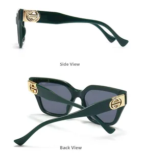 Detail view of dark green sunglasses showing the side profile and golden logo hinge