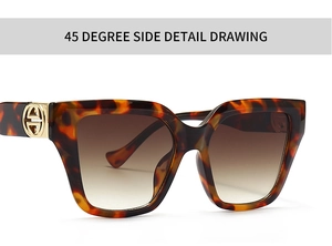 Detailed 45-degree side view of tortoiseshell sunglasses with gold circular metal logo