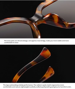 Detail of tortoise shell sunglasses showing ergonomic nose pads and glossy resin texture