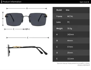 Detailed size chart for rimless sunglasses with leopard metal arms and PC lens specs