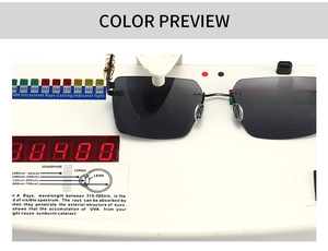 Flat top rectangular sunglasses showing UV400 protection test on digital meter