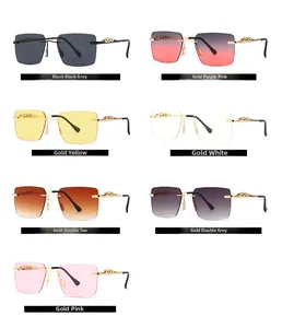 Detail of luxury rimless sunglasses featuring leopard head golden metal temples in various colors