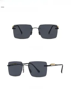 Detail of slim flat top sunglasses featuring golden cheetah sculpture on the temples