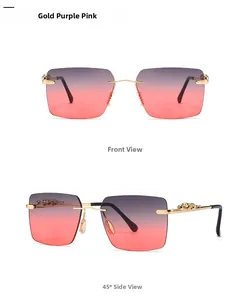 Detailed macro view of gold leopard relief on purple gradient square sunglasses