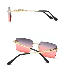Detailed view of luxury leopard sculpture on golden metal temple of gradient lens eyewear