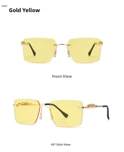 Detailed view of rimless square sunglasses with gold leopard head relief on the temple