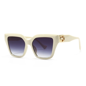 Modern oversized square sunglasses with off-white frame and purple gradient lenses