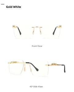 Detailed view of gold metal temples with leopard head relief on narrow flat sunglasses