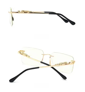 Detail of gold metal eyewear temples featuring a 3D leopard sculpture design