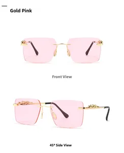 Detail of rimless square sunglasses with gold-pink gradient lenses and cheetah temple