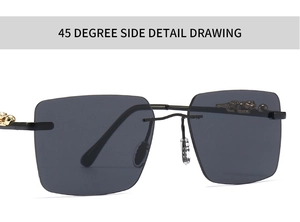 Detail of the golden leopard head sculpture on sleek rectangular rimless sunglasses