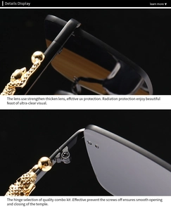 Macro shot of golden cheetah sculpted temple decoration on vintage black sunglasses