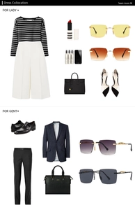 Flat lay of retro square sunglasses styled with professional business and lady outfits