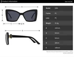 Tableau des tailles détaillé pour lunettes œil de chat PC, largeur 142mm et poids 33,3g