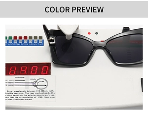 Test UV montrant des lunettes de soleil œil de chat avec protection UV sur un testeur
