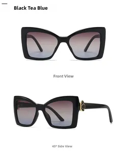 Vues de face et de profil des lunettes de soleil papillon avec monture noire et verres dégradés