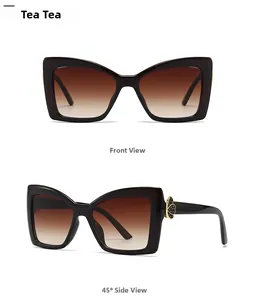 Vues de face et de côté de lunettes papillon oversize pour femmes avec charnières dorées