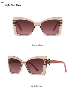 Vue avant et latérale de lunettes de soleil cat-eye rose thé avec détails en métal
