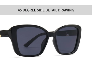 Detailed 45-degree side view of black square sunglasses with metallic temple accents
